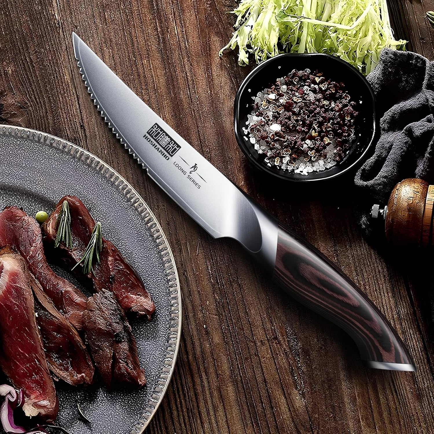 image:imageHOSHANHO Steak Knives Set of 6 Ultra Sharp 45 In Serrated Steak Knife Set Japanese High Carbon Stainless Steel Kitchen Steak Knives with Ergonomic Pakkawood Handle Ideal Gifts45