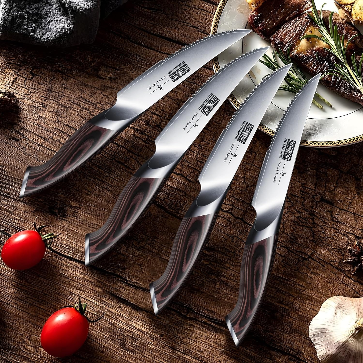 image:imageHOSHANHO Steak Knives Set of 6 Ultra Sharp 45 In Serrated Steak Knife Set Japanese High Carbon Stainless Steel Kitchen Steak Knives with Ergonomic Pakkawood Handle Ideal Gifts45