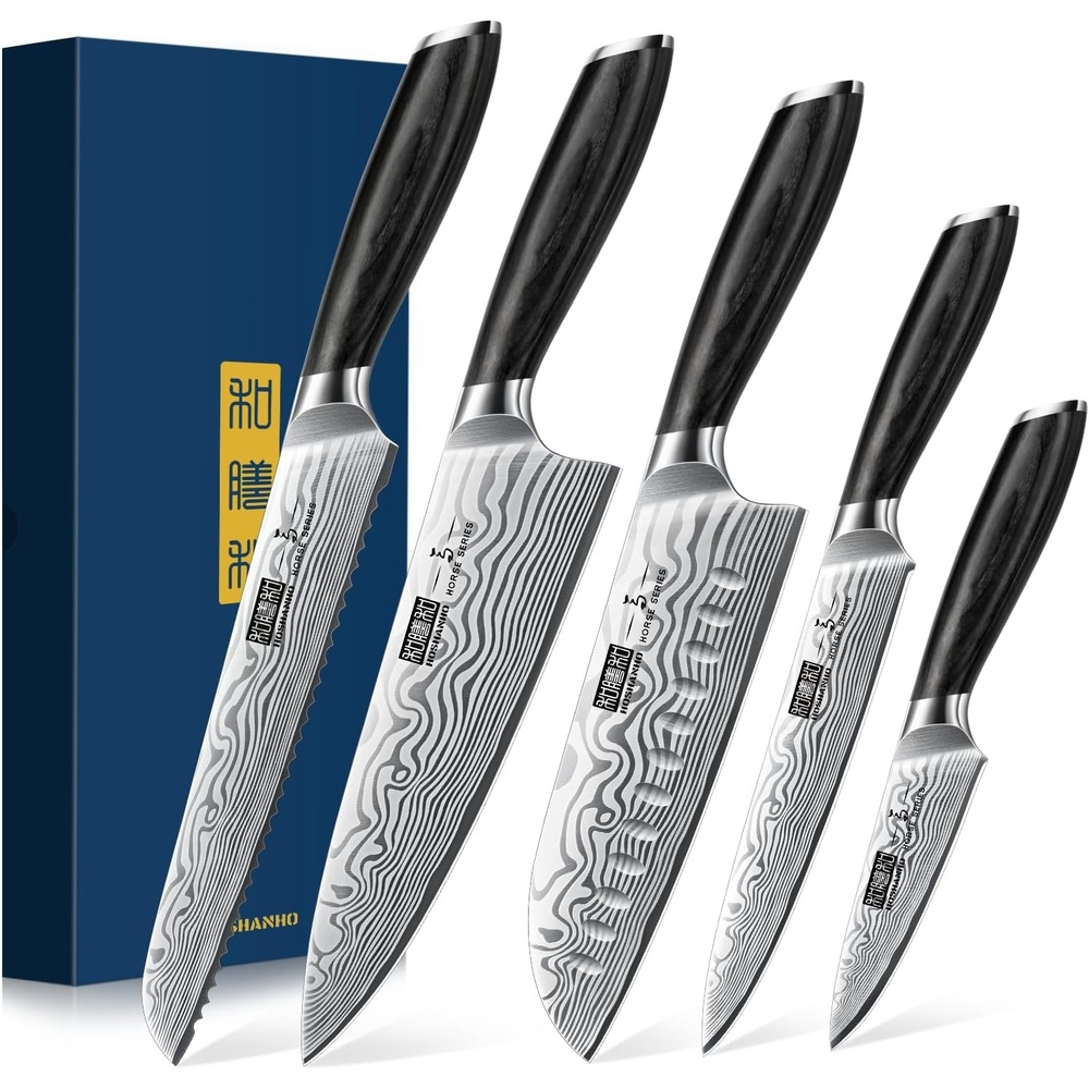 image:imageHOSHANHO 3 Pcs Knife Set Professional Kitchen Knife Set Pakkawood Handle Ultra Sharp Chef Knives Set for Kitchen High Carbon Powder Steel Japanese Cooking Knife Set with Elegant Gift Box5 Pieces Knife Set