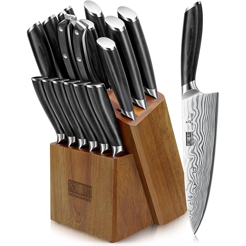 image:imageHOSHANHO 3 Pcs Knife Set Professional Kitchen Knife Set Pakkawood Handle Ultra Sharp Chef Knives Set for Kitchen High Carbon Powder Steel Japanese Cooking Knife Set with Elegant Gift Box16 Pieces Knife Set