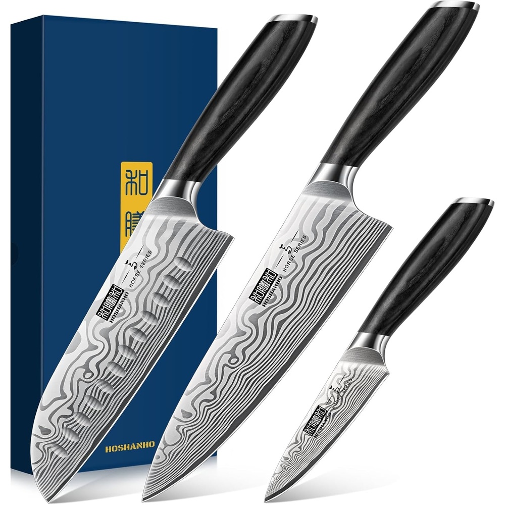 image:imageHOSHANHO 3 Pcs Knife Set Professional Kitchen Knife Set Pakkawood Handle Ultra Sharp Chef Knives Set for Kitchen High Carbon Powder Steel Japanese Cooking Knife Set with Elegant Gift Box3 Pieces Knife Set