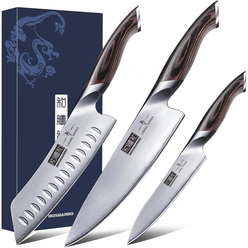 image:imageHOSHANHO 3 Pieces Knife Set Professional Japanese Kitchen Knife Set Ultra Sharp Japanese High Carbon Stainless Steel Chef Knives Sets with Ergonomic Pakkawood Handle
