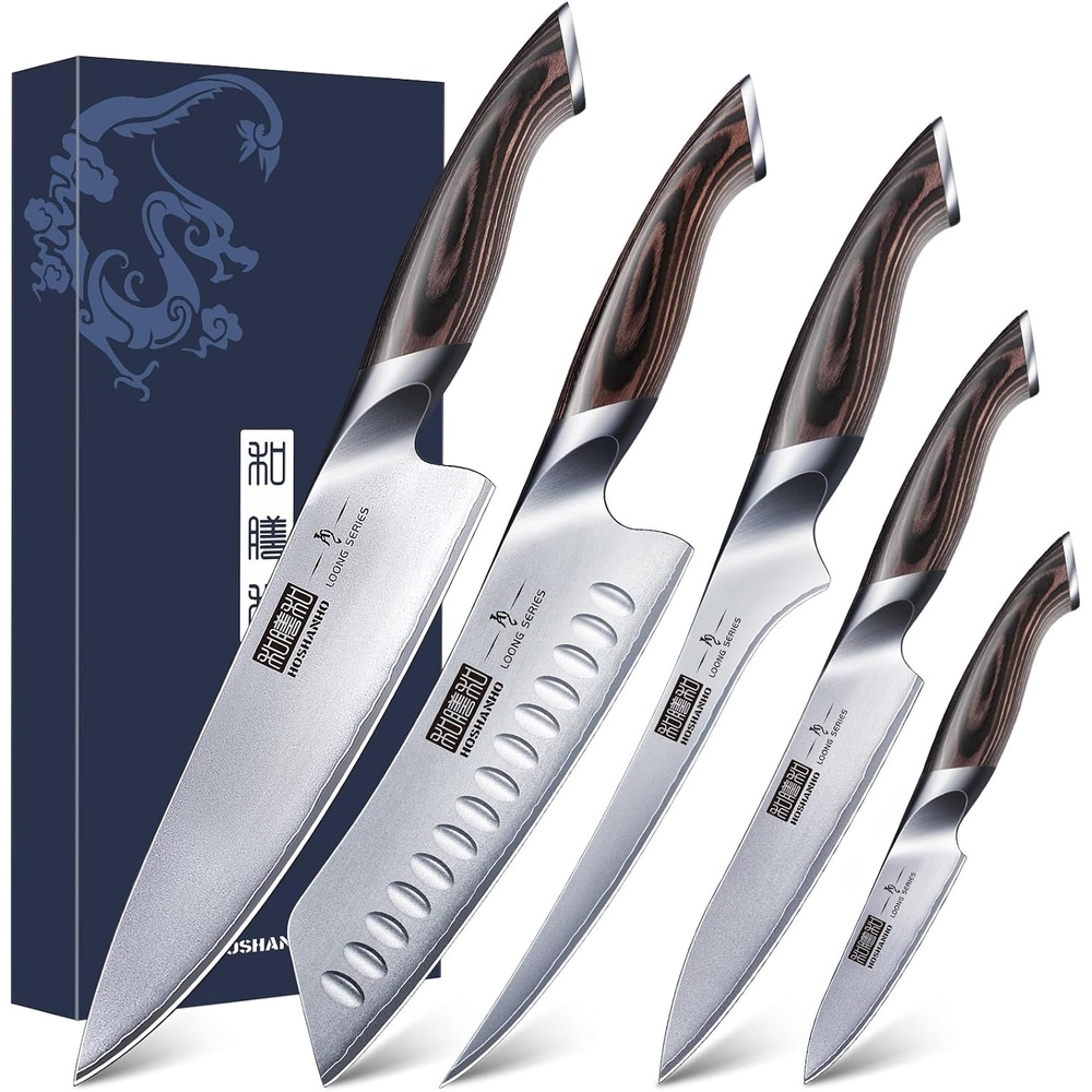 image:imageHOSHANHO 5 Pieces Knife Set Professional Ultra Sharp Kitchen Knife Sets Japanese High Carbon Stainless Steel Chef Knives Set Multipurpose Cooking Knife with Ergonomic Handle Ideal Gift for Chefs