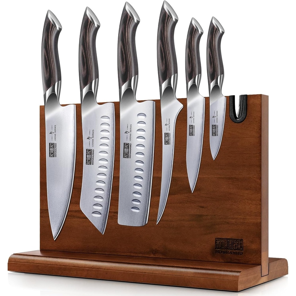 image:imageHOSHANHO 7PCS Kitchen Knife Set Japanese Magnetic Knife Block Set Ultra Sharp Japanese High Carbon Stainless Steel Chef Knives Sets with Block Ergonomic Pakkawood Handle Ideal Cooking Gift