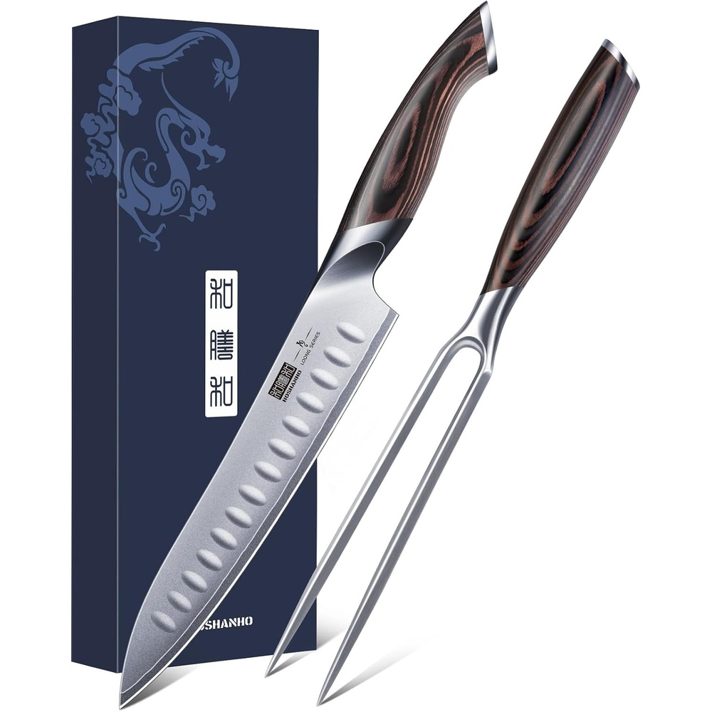 image:imageHOSHANHO 8 Inch Carving Knife amp 7 Inch Fork Set Razor Sharp Slicing Knife Professional Japanese High Carbon Steel Butcher Brisket Slicing Knife Set for Meat Cutting BBQ Ergonomic Handle Gifts