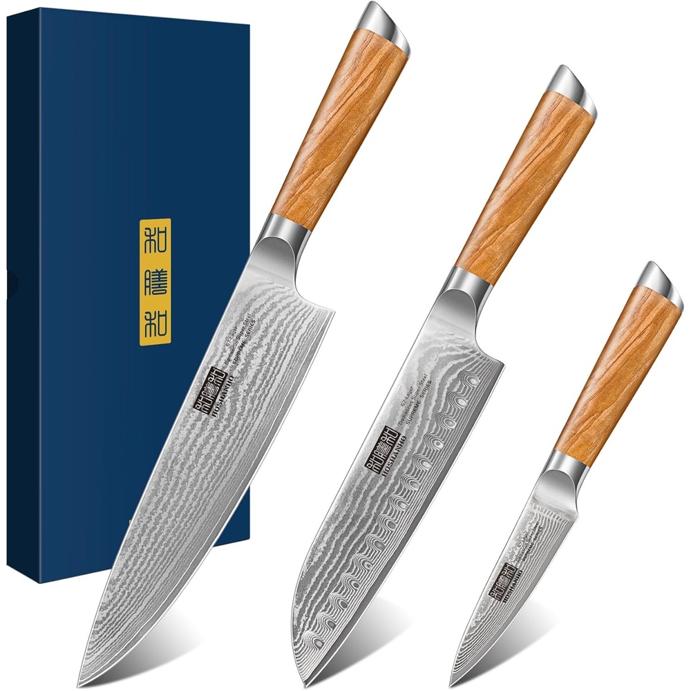image:imageHOSHANHO Damascus Kitchen Knife Set 5PCS Sharp Chef Knives Ergonomic Grip Professional Cooking Knife Set Japanese Super Steel 15 Edge 62 HRC Ergonomic Olive Wood Handle Housewarming Gift3 Pieces Knife Set