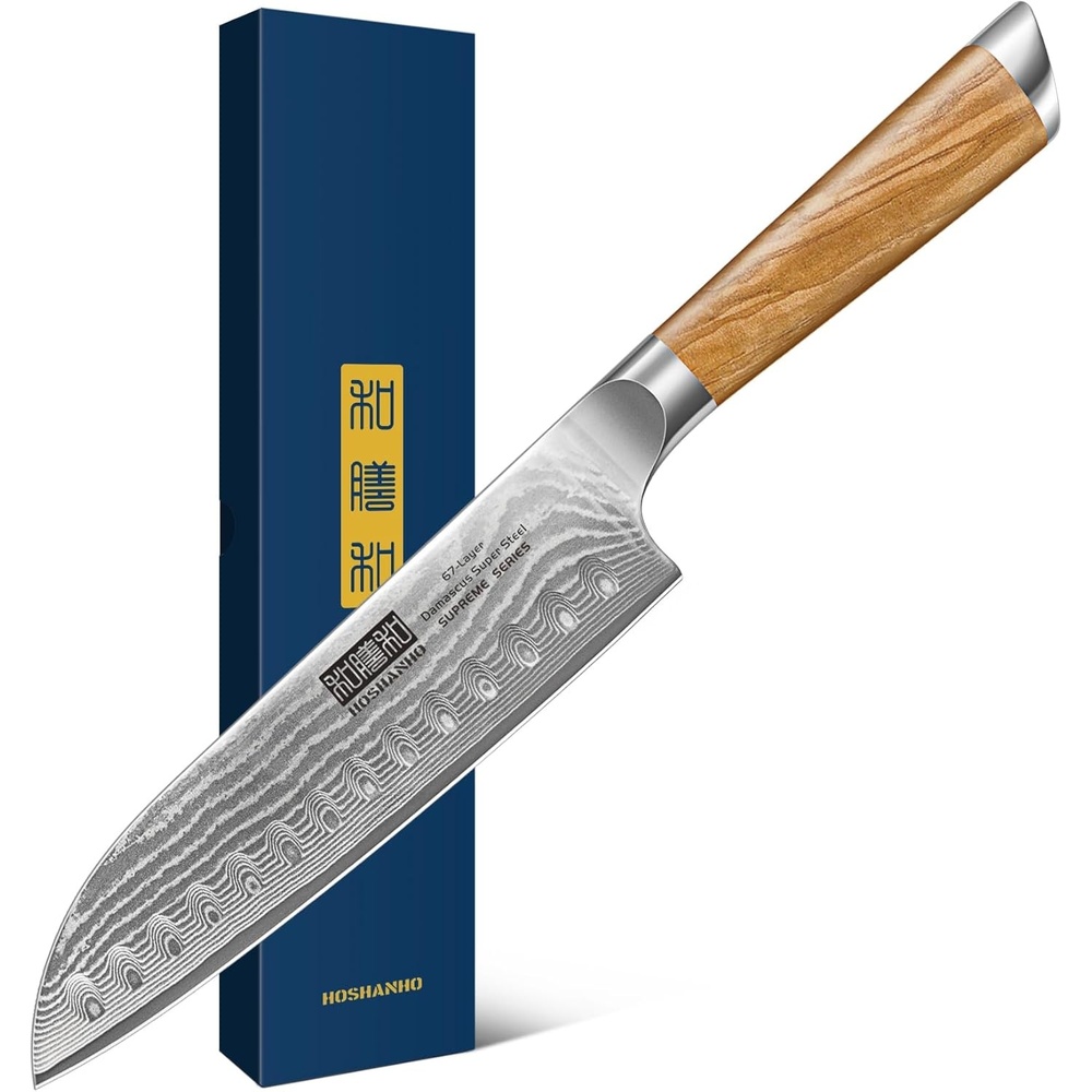 image:imageHOSHANHO Damascus Paring Knife 375 Sharp Japanese HC Steel Fruit Knife Small Kitchen Knife Professional 67 Layers Super Steel 15 Edge 62 HRC Blade Ergonomic Olive Handle Ideal Home Gift71 Inch Santoku Knife