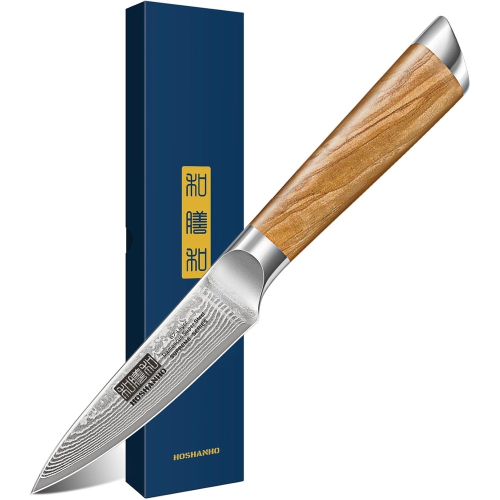 image:imageHOSHANHO Damascus Paring Knife 375 Sharp Japanese HC Steel Fruit Knife Small Kitchen Knife Professional 67 Layers Super Steel 15 Edge 62 HRC Blade Ergonomic Olive Handle Ideal Home Gift375 inch Paring Knife