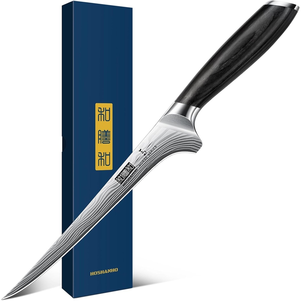 image:imageHOSHANHO Fillet Knife 7 Inch Japanese Sharp Boning Knife Flexible Blade Japanese High Carbon Powder Steel Fish Knives for Meat Poultry Chicken Cutting Filet Knife with Ergonomic Pakkawood Handle