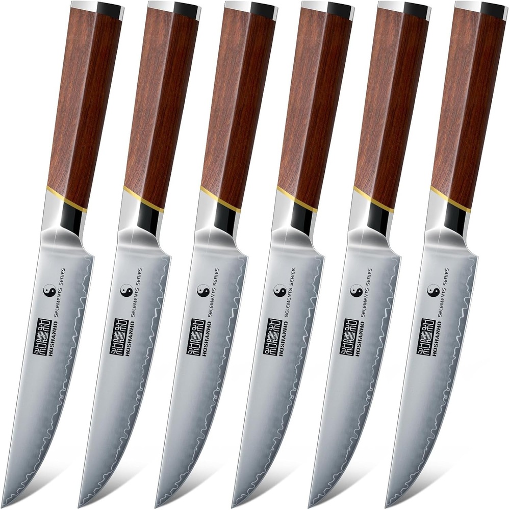 image:imageHOSHANHO Steak Knife Set of 6 Professional 45 Non Serrated Steak Knives Japanese High Carbon Steel Steak Knife Set Ultra Sharp Dinner Knives with Ergonomic Handle for Precise Cutting amp Gift Box