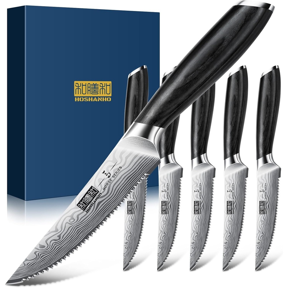 image:imageHOSHANHO Steak Knives Set of 6 45 Inch Japanese Serrated Steak Knife Set Ultra Sharp High Carbon Powder Steel Steak Knife Effortless Cutting Dinner Knives with Pakkawood Handle Cooking Gifts6 Pieces Steak Knife Set