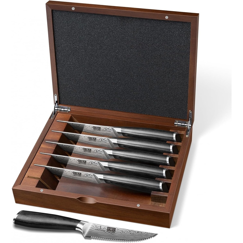 image:imageHOSHANHO Steak Knives Set of 6 45 Inch Japanese Serrated Steak Knife Set Ultra Sharp High Carbon Powder Steel Steak Knife Effortless Cutting Dinner Knives with Pakkawood Handle Cooking Gifts7 Pieces Steak Knife Set