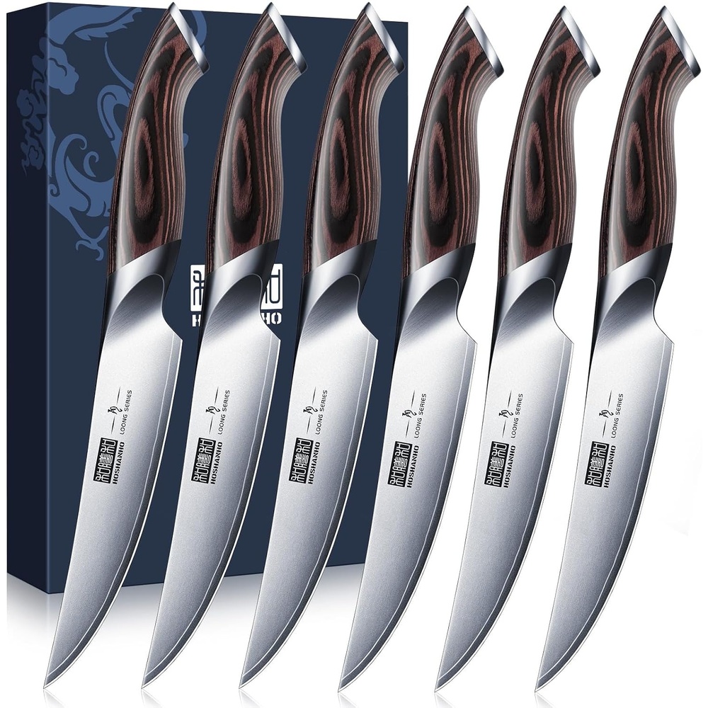 image:imageHOSHANHO Steak Knives Set of 6 Ultra Sharp 45 In Serrated Steak Knife Set Japanese High Carbon Stainless Steel Kitchen Steak Knives with Ergonomic Pakkawood Handle Ideal Gifts44