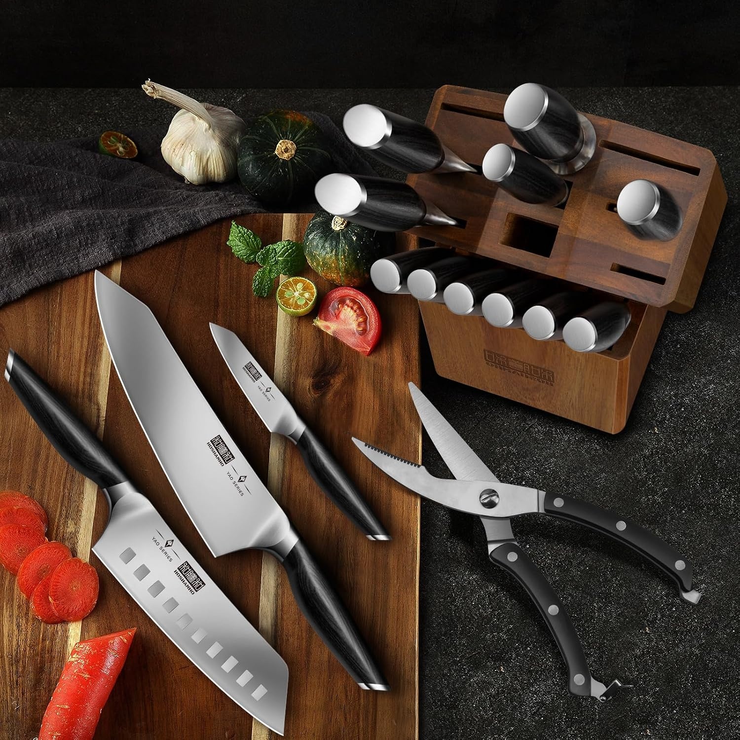 image:imageHOSHANHO 16Piece Kitchen Knife Set with Block Ultra Sharp Chef Knife Set High Carbon Powder Steel Knife Block Set Professional Knife Set with Sharpener Ergonomic Pakkawood Handle