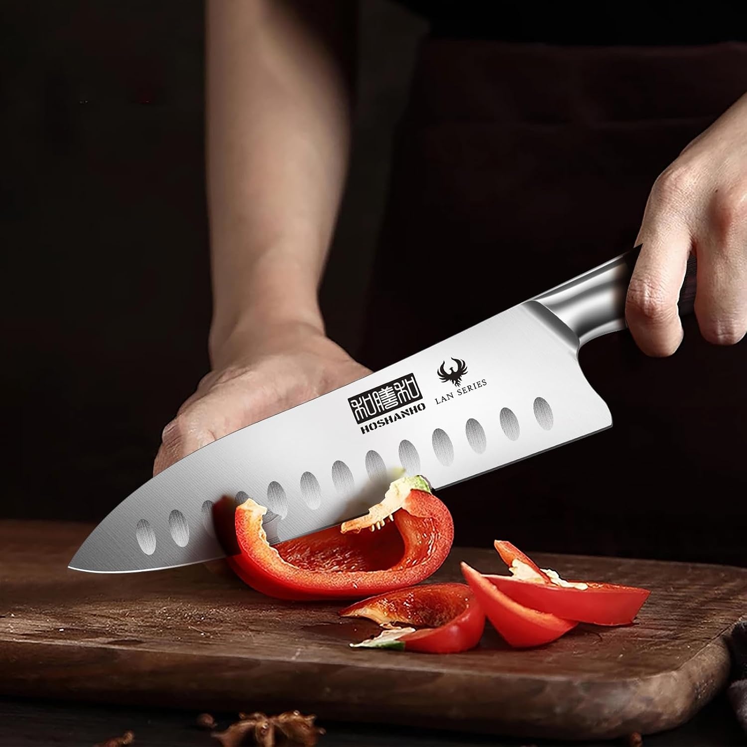 image:imageHOSHANHO 7 Chef KnifeRazorSharp Santoku Knife with Ergonomic Wood Handle Professional Kitchen Cooking Knife with Japanese High Carbon Steel15 Edge amp 60 HRC Blade Ergonomic Grip Design Ideal Gift7 Inch Santoku Knife
