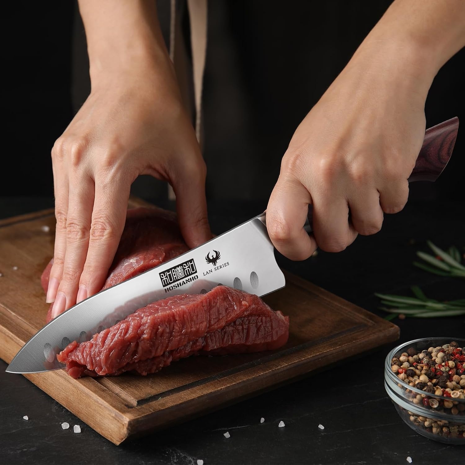 image:imageHOSHANHO 7 Chef KnifeRazorSharp Santoku Knife with Ergonomic Wood Handle Professional Kitchen Cooking Knife with Japanese High Carbon Steel15 Edge amp 60 HRC Blade Ergonomic Grip Design Ideal Gift7 Inch Santoku Knife