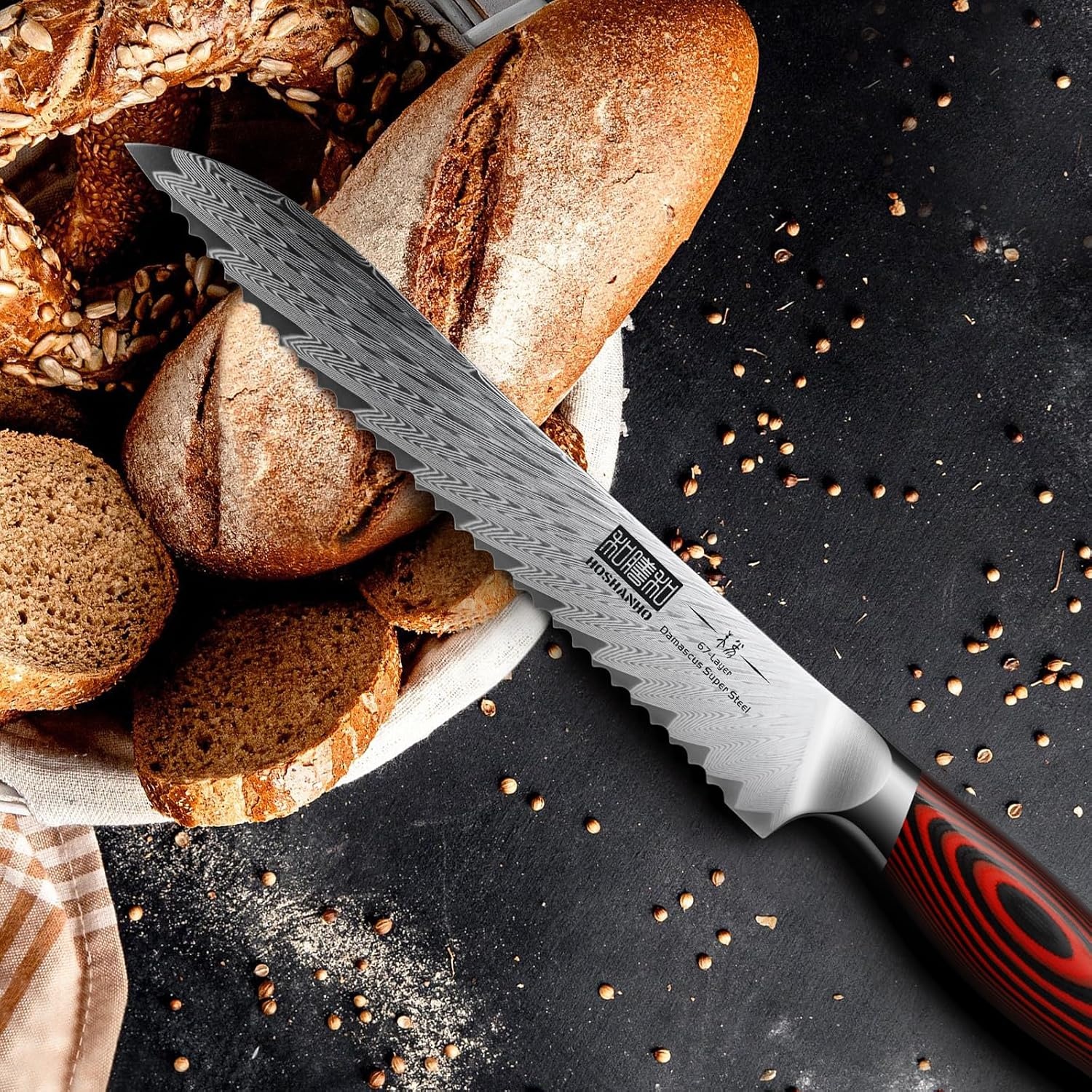 image:imageHOSHANHO 8 Damascus Bread Knife Ultra Sharp Serrated Sourdough Knife 67 Layers Damascus Steel Ultra Sharp Bread Knife with Ergonomic G10 Handle Professional Serrated Knife for Homemade Bread8