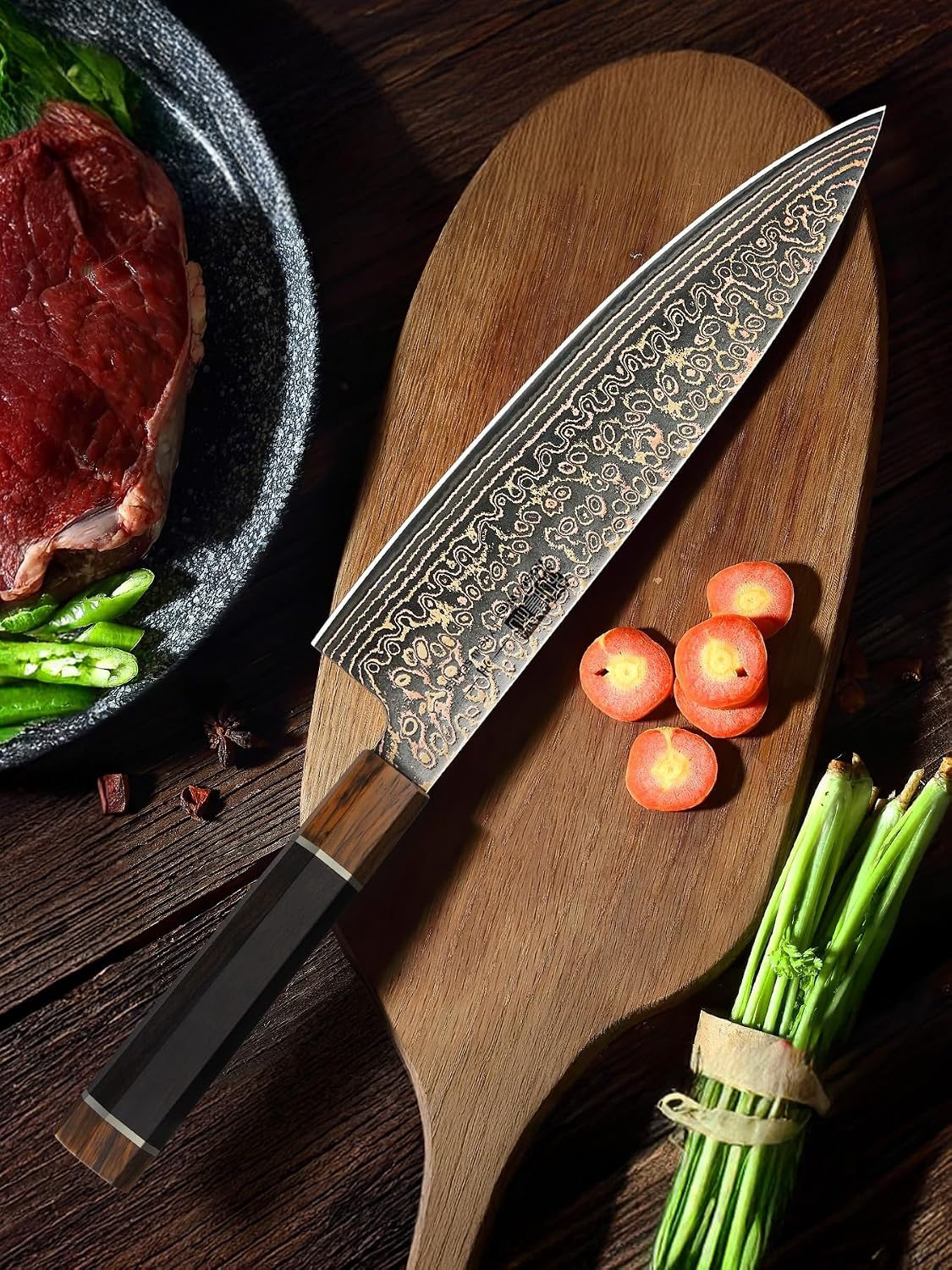 image:imageHOSHANHO 8 Damascus Chef Knife 33Layer Copper amp Damascus Kitchen Knife Ultra Sharp Japanese Kitchen Knife Professional Cooking Knives with Ergonomic Ebony Handle amp Gift Box