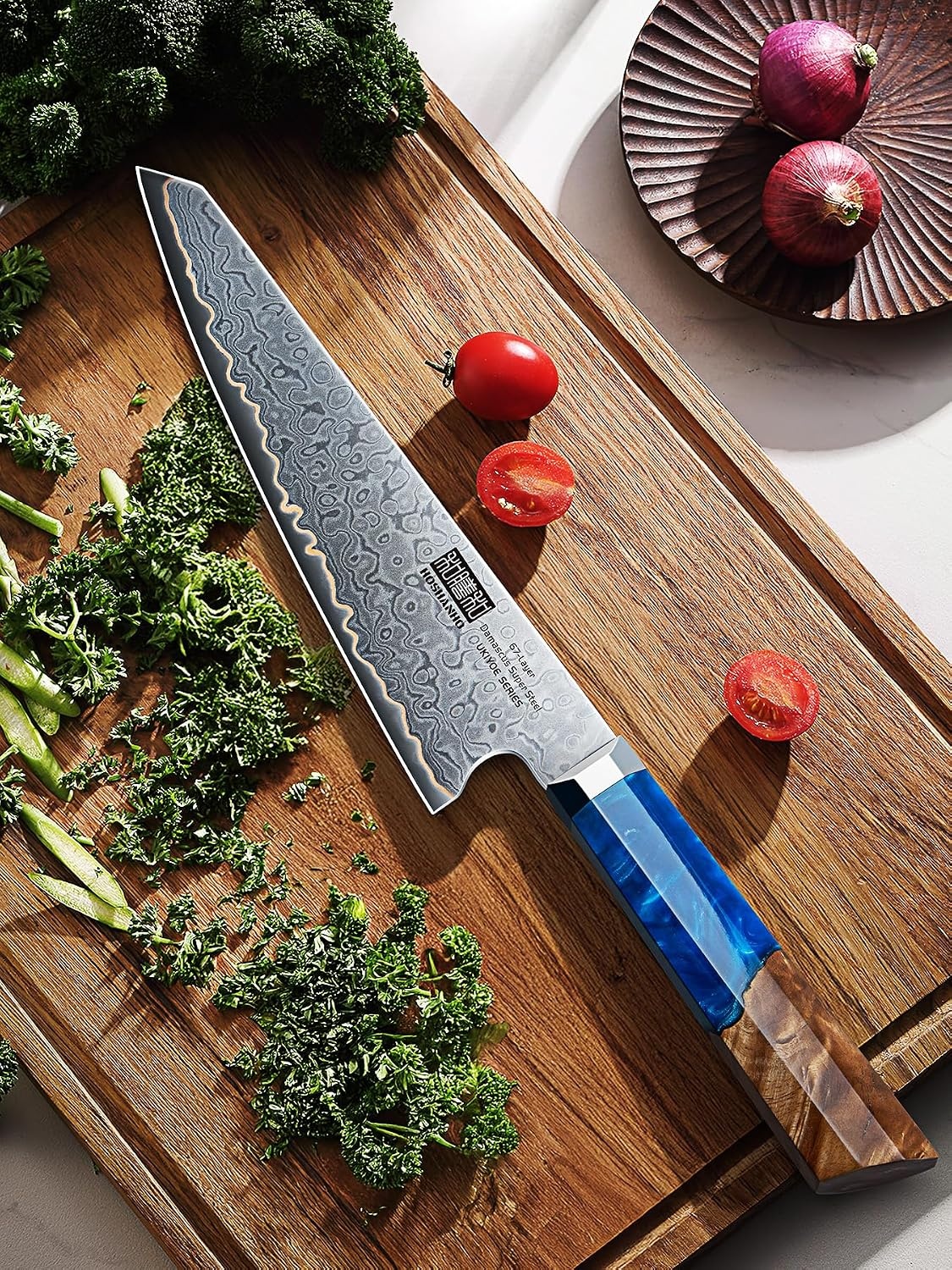 image:imageHOSHANHO 8 Damascus Chef Knife 67Layer Damascus Steel Kitchen Knife Ultra Sharp Japanese Cooking Knives Ergonomic Blue Resin Stabilized Wood Handle with Wood Gift Box8