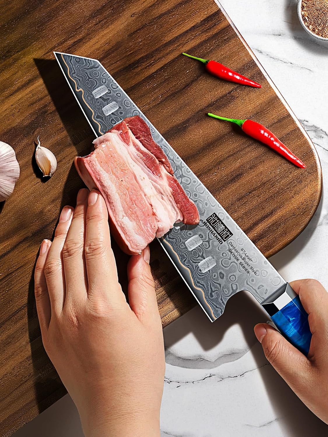 image:imageHOSHANHO 8 Damascus Chef Knife 67Layer Damascus Steel Kitchen Knife Ultra Sharp Japanese Cooking Knives Ergonomic Blue Resin Stabilized Wood Handle with Wood Gift Box7