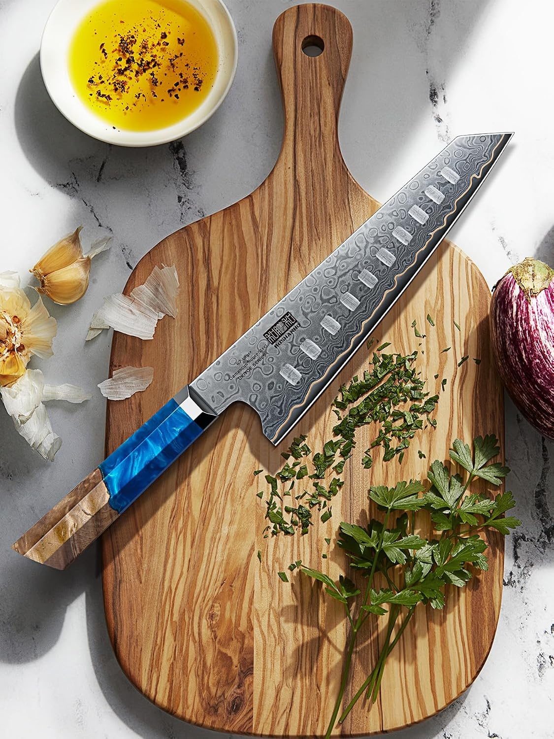 image:imageHOSHANHO 8 Damascus Chef Knife 67Layer Damascus Steel Kitchen Knife Ultra Sharp Japanese Cooking Knives Ergonomic Blue Resin Stabilized Wood Handle with Wood Gift Box7