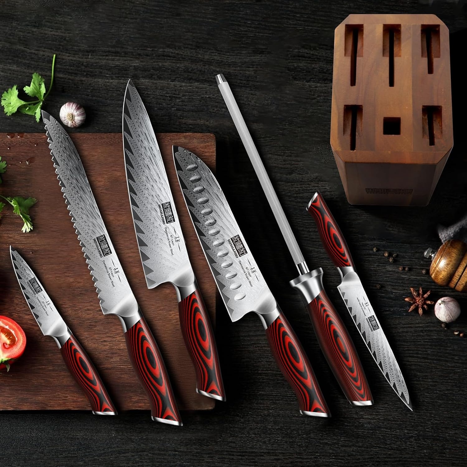 image:imageHOSHANHO Damascus Knife Set 3PCS Ultra Sharp Kitchen Knife Set G10 Handle 67 Layers Damascus Steel Professional Chef Knife Set With Ergonomic Handle Razor Sharp Japanese Knife Set amp Gift Box7 Pieces Knife Set