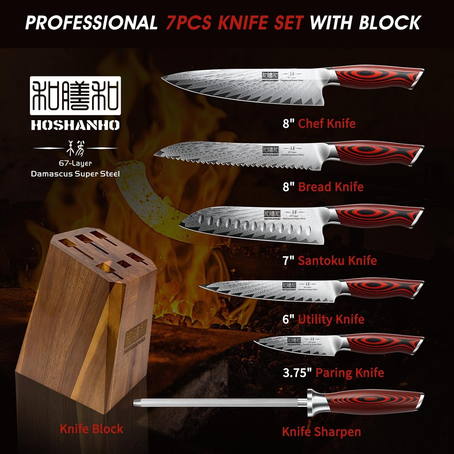 image:imageHOSHANHO Damascus Knife Set 3PCS Ultra Sharp Kitchen Knife Set G10 Handle 67 Layers Damascus Steel Professional Chef Knife Set With Ergonomic Handle Razor Sharp Japanese Knife Set amp Gift Box7 Pieces Knife Set