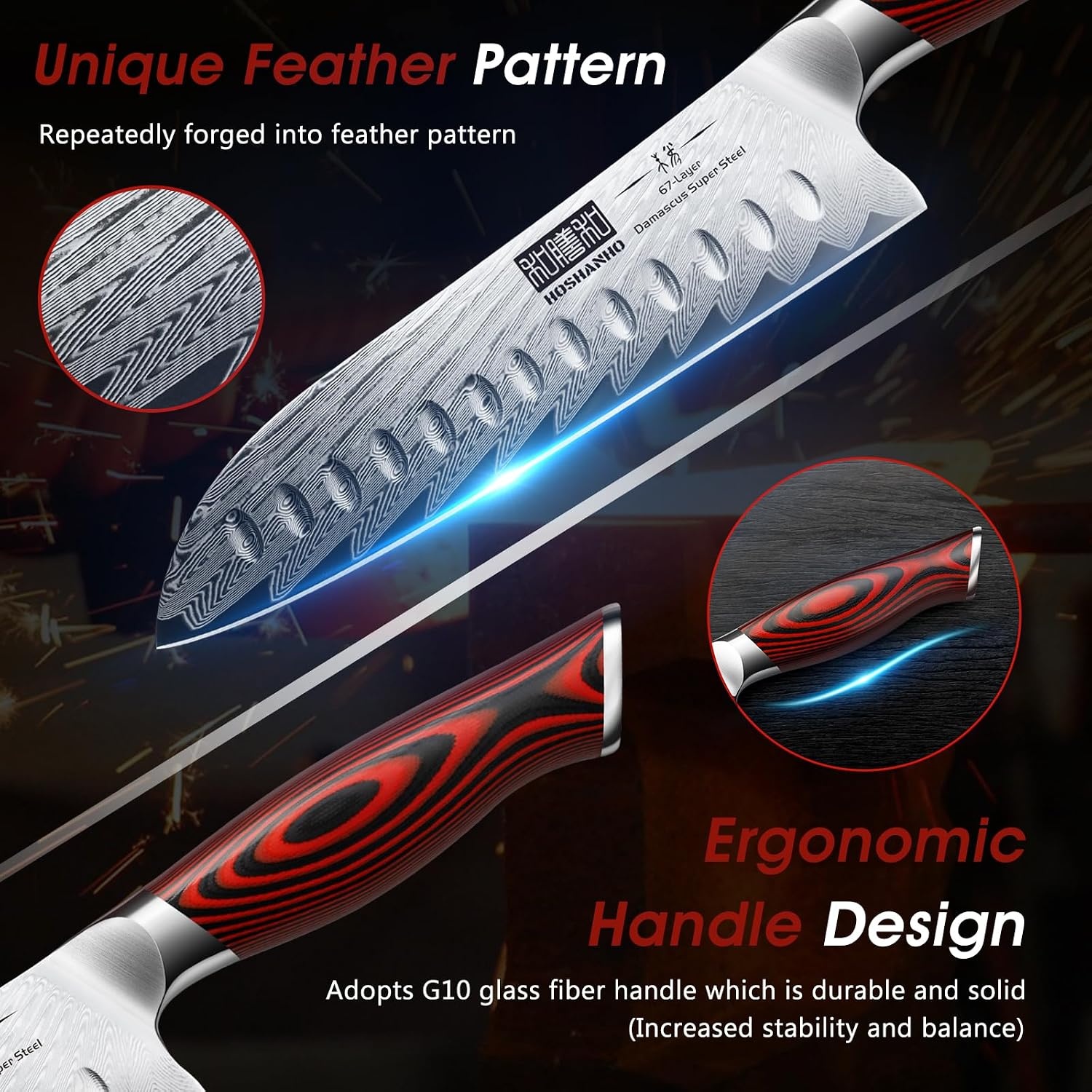 image:imageHOSHANHO Damascus Knife Set 3PCS Ultra Sharp Kitchen Knife Set G10 Handle 67 Layers Damascus Steel Professional Chef Knife Set With Ergonomic Handle Razor Sharp Japanese Knife Set amp Gift Box3 Pieces Knife Set