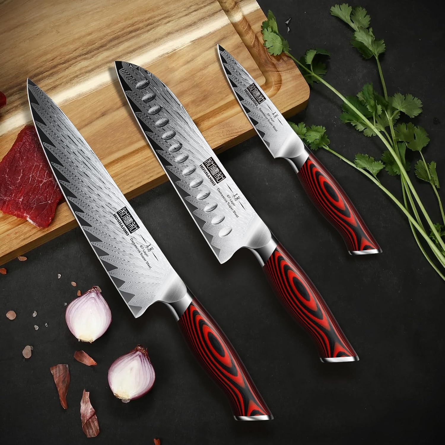 image:imageHOSHANHO Damascus Knife Set 3PCS Ultra Sharp Kitchen Knife Set G10 Handle 67 Layers Damascus Steel Professional Chef Knife Set With Ergonomic Handle Razor Sharp Japanese Knife Set amp Gift Box3 Pieces Knife Set