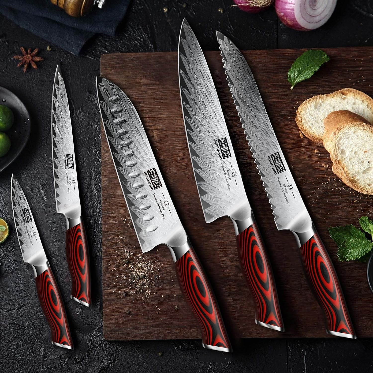 image:imageHOSHANHO Damascus Knife Set 3PCS Ultra Sharp Kitchen Knife Set G10 Handle 67 Layers Damascus Steel Professional Chef Knife Set With Ergonomic Handle Razor Sharp Japanese Knife Set amp Gift Box7 Pieces Knife Set