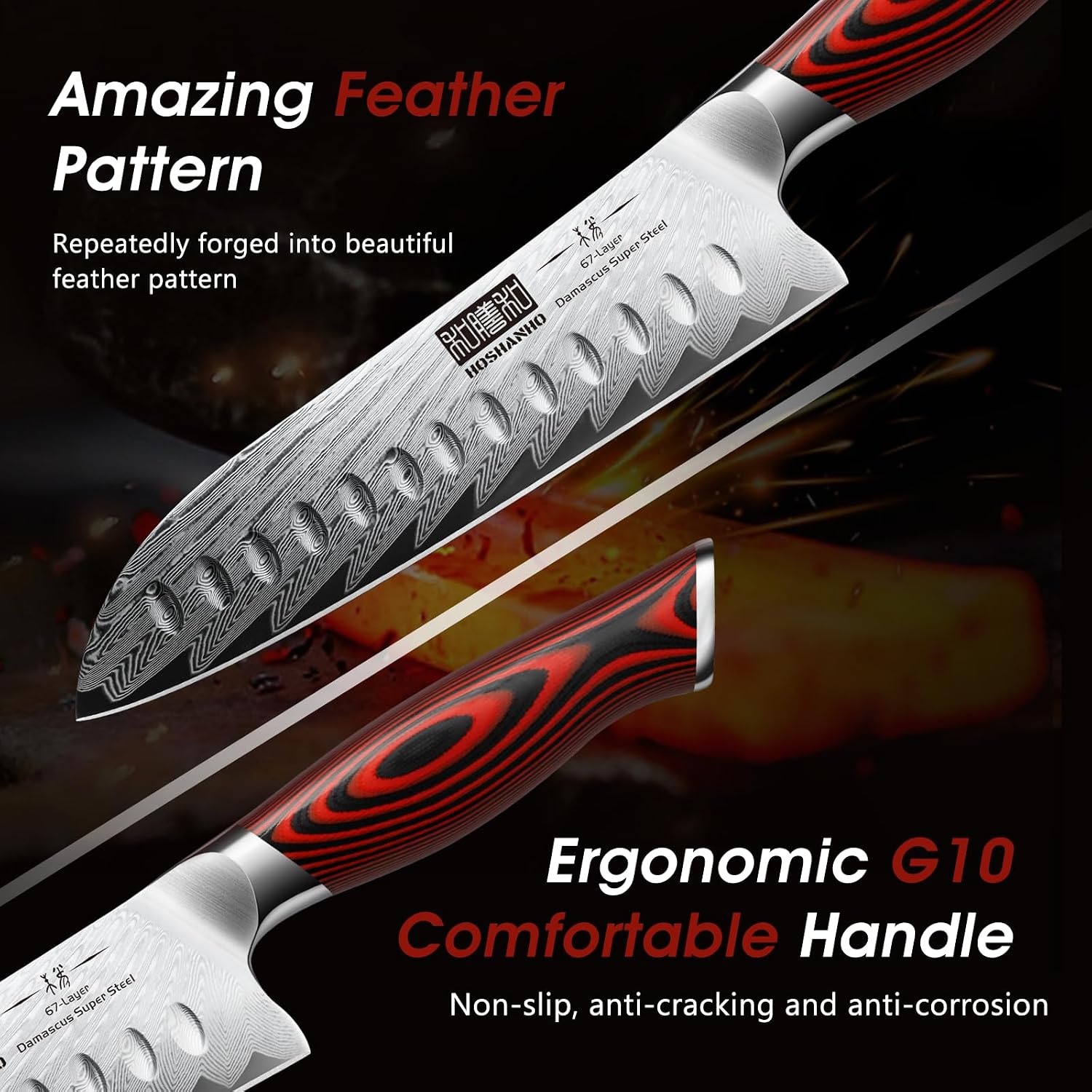 image:imageHOSHANHO Damascus Knife Set 3PCS Ultra Sharp Kitchen Knife Set G10 Handle 67 Layers Damascus Steel Professional Chef Knife Set With Ergonomic Handle Razor Sharp Japanese Knife Set amp Gift Box7 Pieces Knife Set