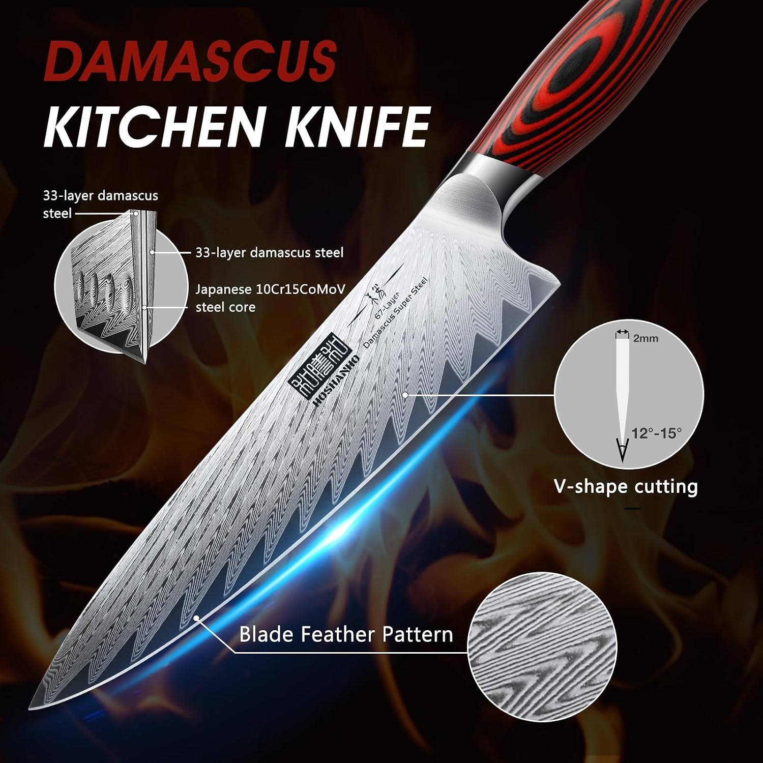 image:imageHOSHANHO Damascus Knife Set 3PCS Ultra Sharp Kitchen Knife Set G10 Handle 67 Layers Damascus Steel Professional Chef Knife Set With Ergonomic Handle Razor Sharp Japanese Knife Set amp Gift Box7 Pieces Knife Set