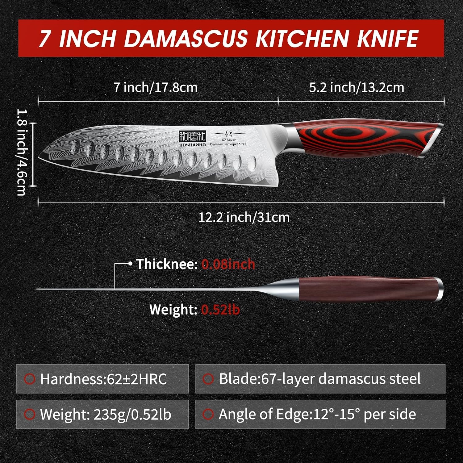 image:imageHOSHANHO Damascus Santoku Knife 7 Inch Professional Japanese Kitchen Knife 67 Layers Damascus Steel Ultra Sharp Chef Knife with Ergonomic G10 Handle Cooking Knife for Meat Vegetables amp Gift Box7