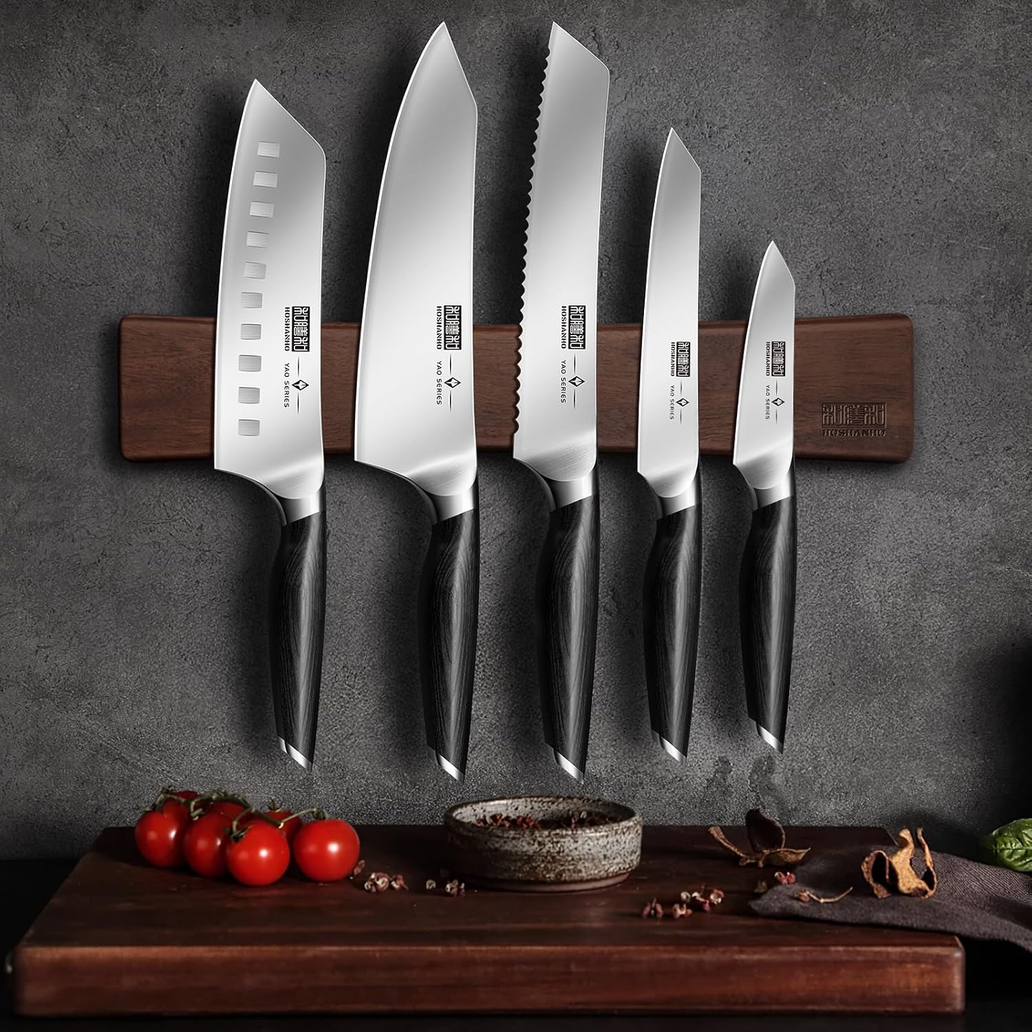 image:imageHOSHANHO Knife Set with Magnetic Knife Holder 6Piece Kitchen Knife Set High Carbon Powder Steel Chef Knives Sets with Ergonomic Pakkawood Handle Gifts for Men and Women6