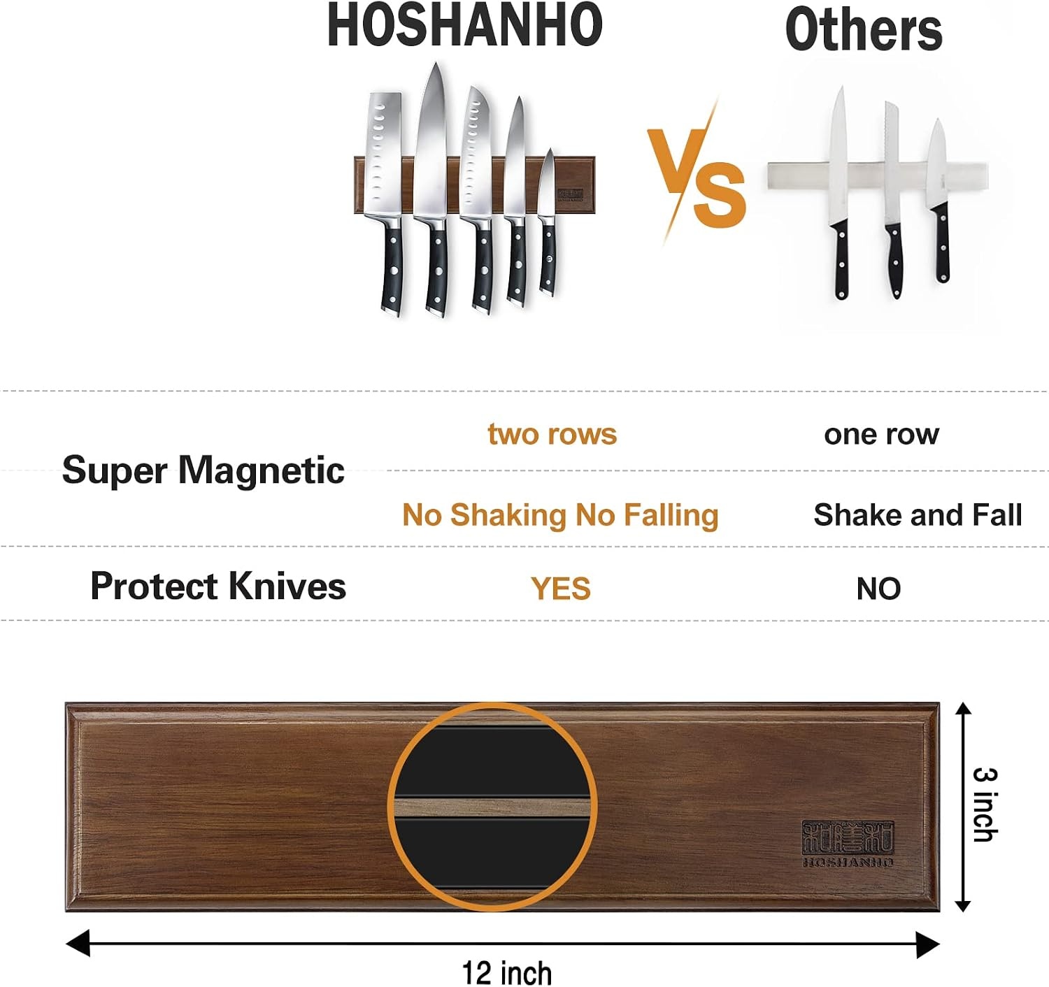 image:imageMagnetic Knife Holder for Wall 12 Inch HOSHANHO Powerful Magnetic Knife Strip Acacia Wood Magnet Knife Rack for Kitchen Knives amp ToolsWood Brown