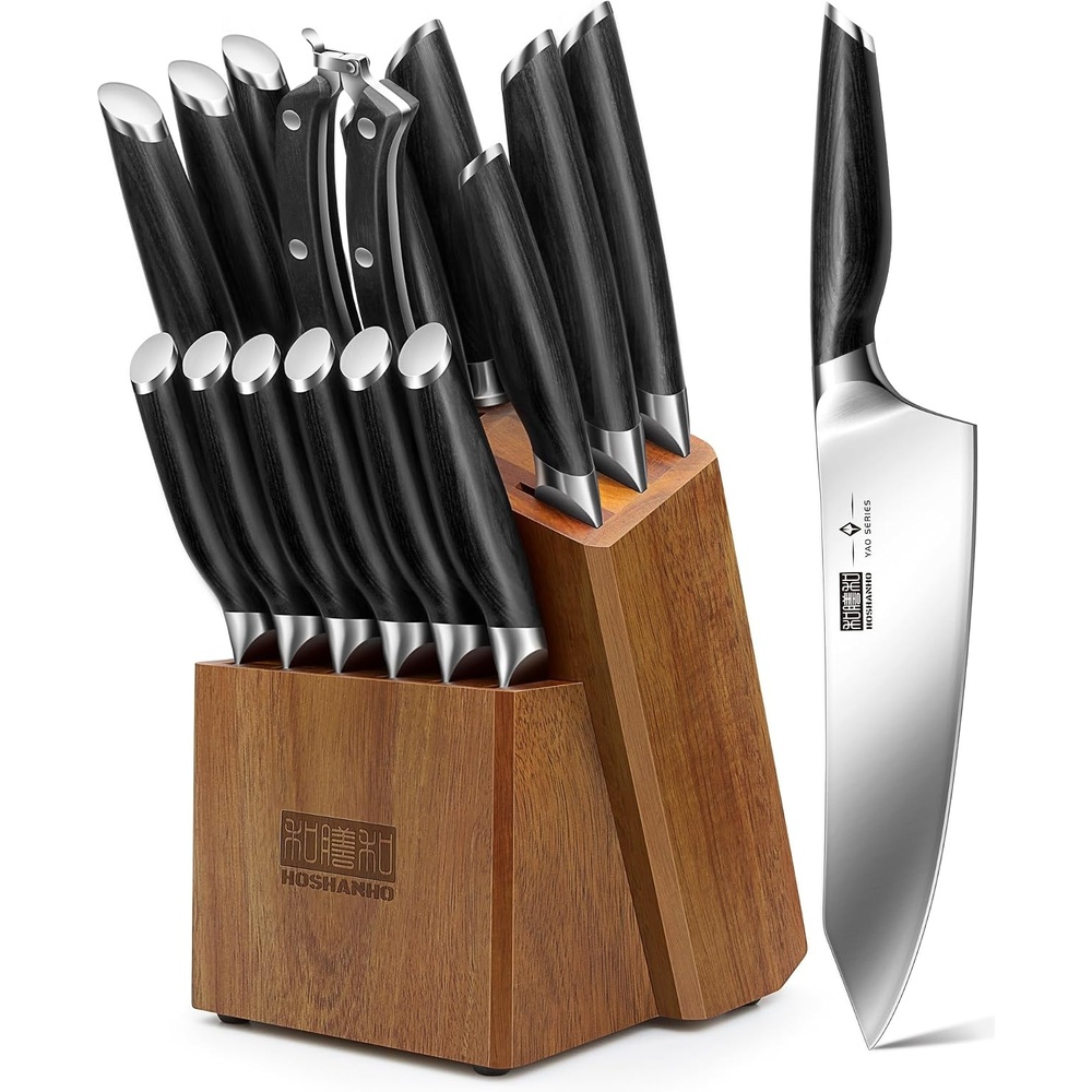 image:imageHOSHANHO 16Piece Kitchen Knife Set with Block Ultra Sharp Chef Knife Set High Carbon Powder Steel Knife Block Set Professional Knife Set with Sharpener Ergonomic Pakkawood Handle