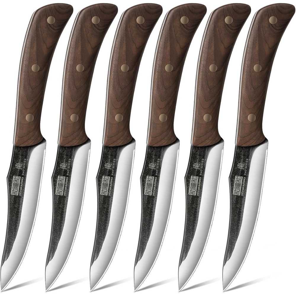 image:imageHOSHANHO Steak Knives Set of 6 Sharp 45 Non Serrated Steak Knife Set Hand Forged High Carbon Steel Dinner Steak Knives with Full Tang Wood Handle Gift with Men45