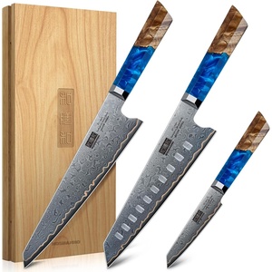 HOSHANHO 8″ Damascus Chef Knife, 67-Layer Damascus Steel Kitchen Knife | Ultra Sharp Japanese Cooking Knives, Ergonomic Blue Resin Stabilized Wood Handle with Wood Gift Box(3-Piece Knife Set)