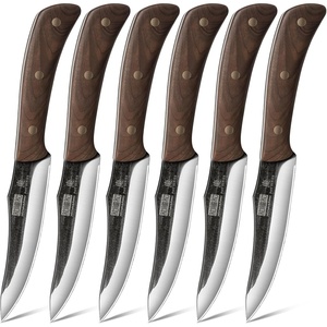 HOSHANHO Steak Knives Set of 6, Sharp 4.5″ Non Serrated Steak Knife Set | Hand Forged High Carbon Steel Dinner Steak Knives with Full Tang Wood Handle, Gift with Men(4.5″)