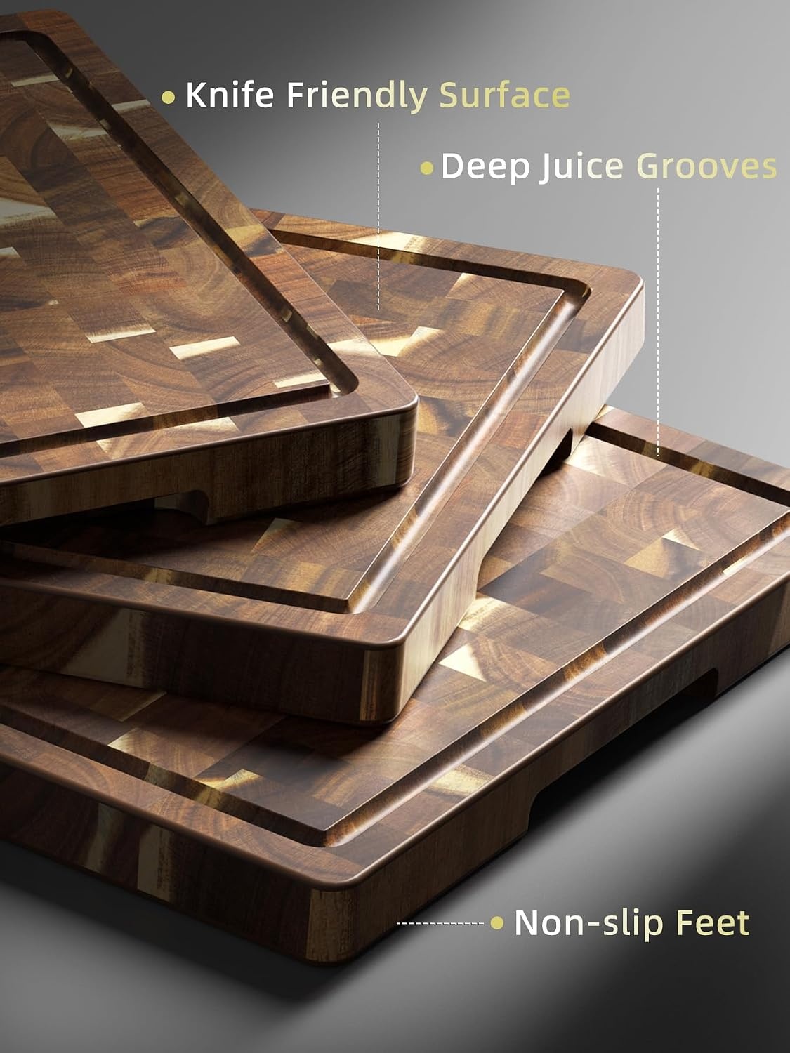 image:imageHOSHANHO 3 Packs Cutting Board Set Extra Large Acacia Wood Cutting Boards Durable Chopping Board for Kitchen Meal Prep Charcuterie Board with Builtin Ergonomic Handles and Deep Juice Grooves