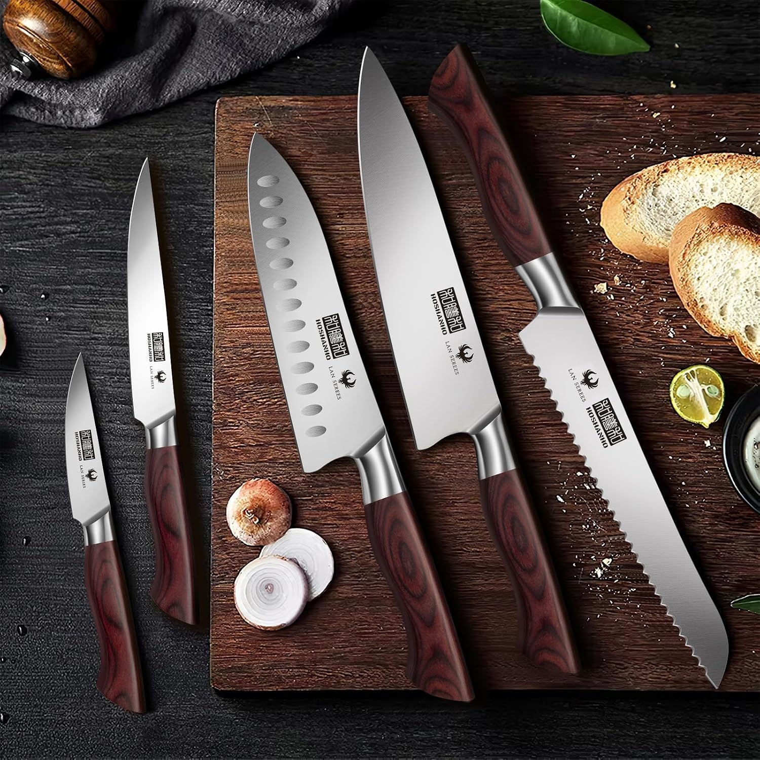 image:imageHOSHANHO 5PCS Japanese Kitchen Knife Set Sharp Chef Knives amp Wood Handle Professional Ultra Sharp HighCarbon Stainless Steel Cooking Knife Set with Ergonomic Wood Handle Elegant Box for Home Gift5 Pieces Knife Set