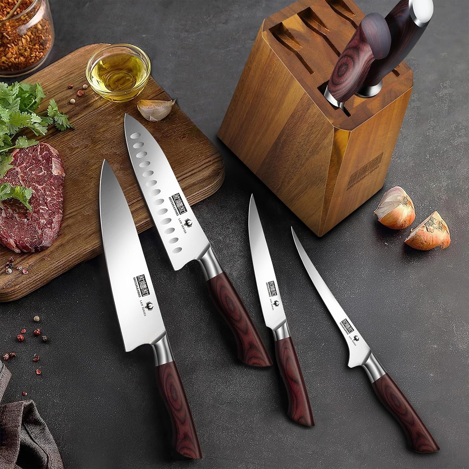 image:imageHOSHANHO 5PCS Japanese Kitchen Knife Set Sharp Chef Knives amp Wood Handle Professional Ultra Sharp HighCarbon Stainless Steel Cooking Knife Set with Ergonomic Wood Handle Elegant Box for Home Gift7 Pieces Knife Set
