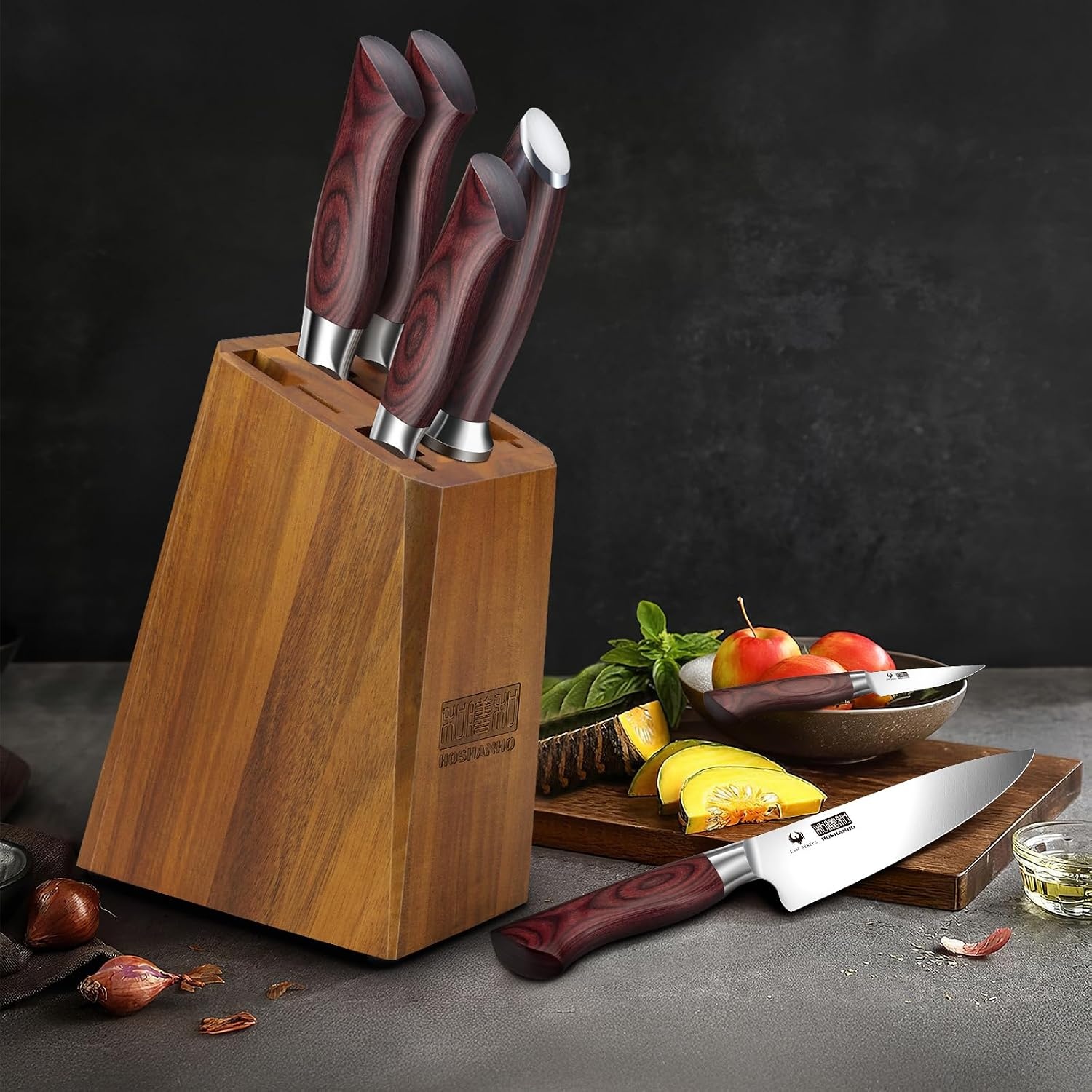 image:imageHOSHANHO 5PCS Japanese Kitchen Knife Set Sharp Chef Knives amp Wood Handle Professional Ultra Sharp HighCarbon Stainless Steel Cooking Knife Set with Ergonomic Wood Handle Elegant Box for Home Gift7 Pieces Knife Set