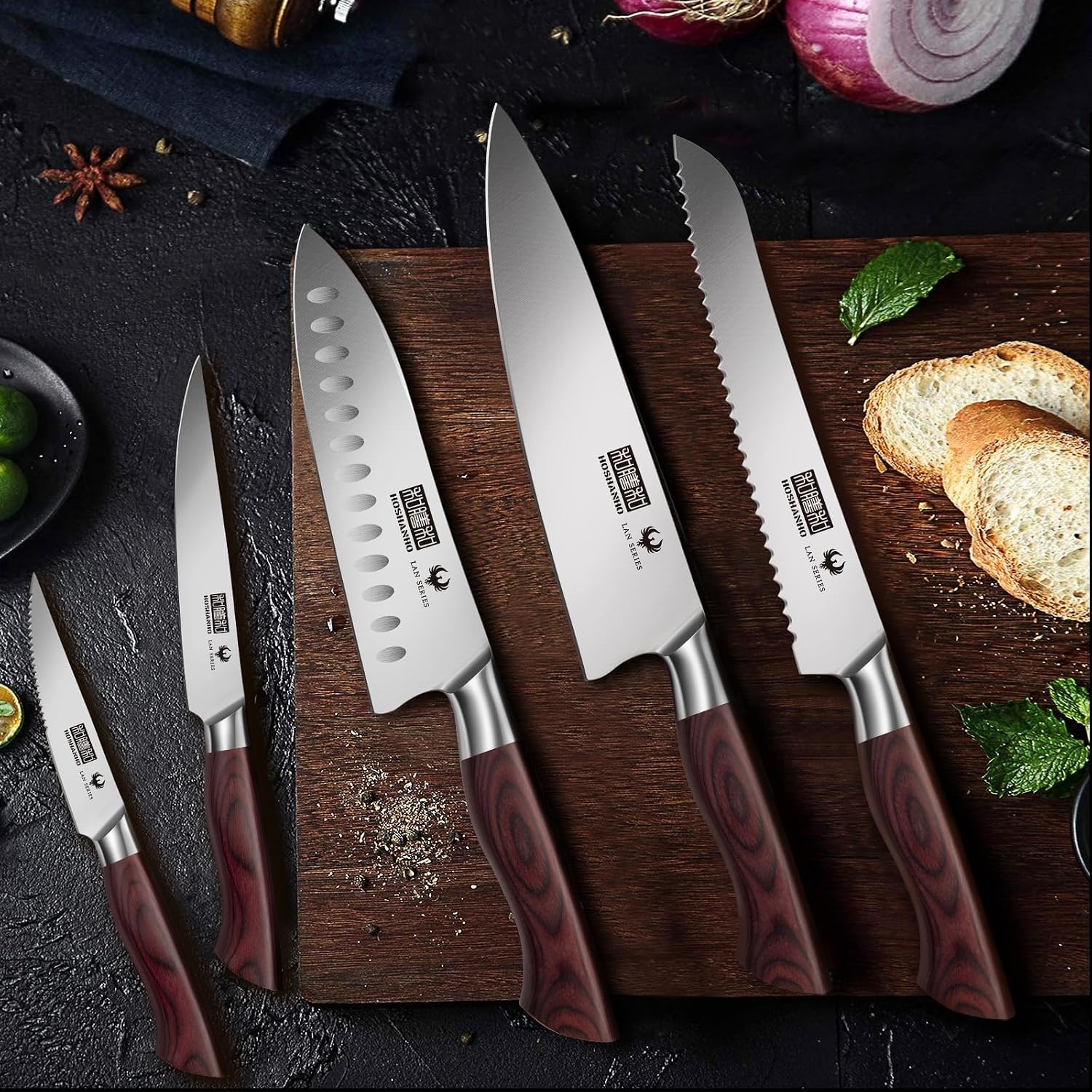 image:imageHOSHANHO 5PCS Japanese Kitchen Knife Set Sharp Chef Knives amp Wood Handle Professional Ultra Sharp HighCarbon Stainless Steel Cooking Knife Set with Ergonomic Wood Handle Elegant Box for Home Gift18 Pieces Knife Set