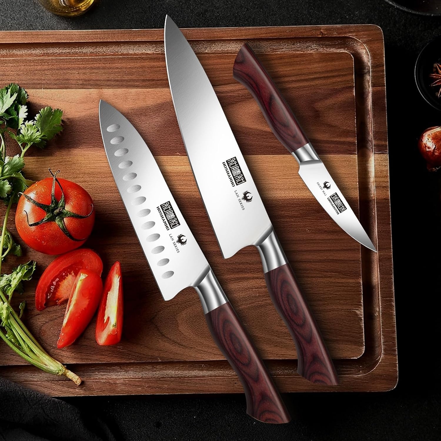 image:imageHOSHANHO 5PCS Japanese Kitchen Knife Set Sharp Chef Knives amp Wood Handle Professional Ultra Sharp HighCarbon Stainless Steel Cooking Knife Set with Ergonomic Wood Handle Elegant Box for Home Gift3 Pieces Knife Set