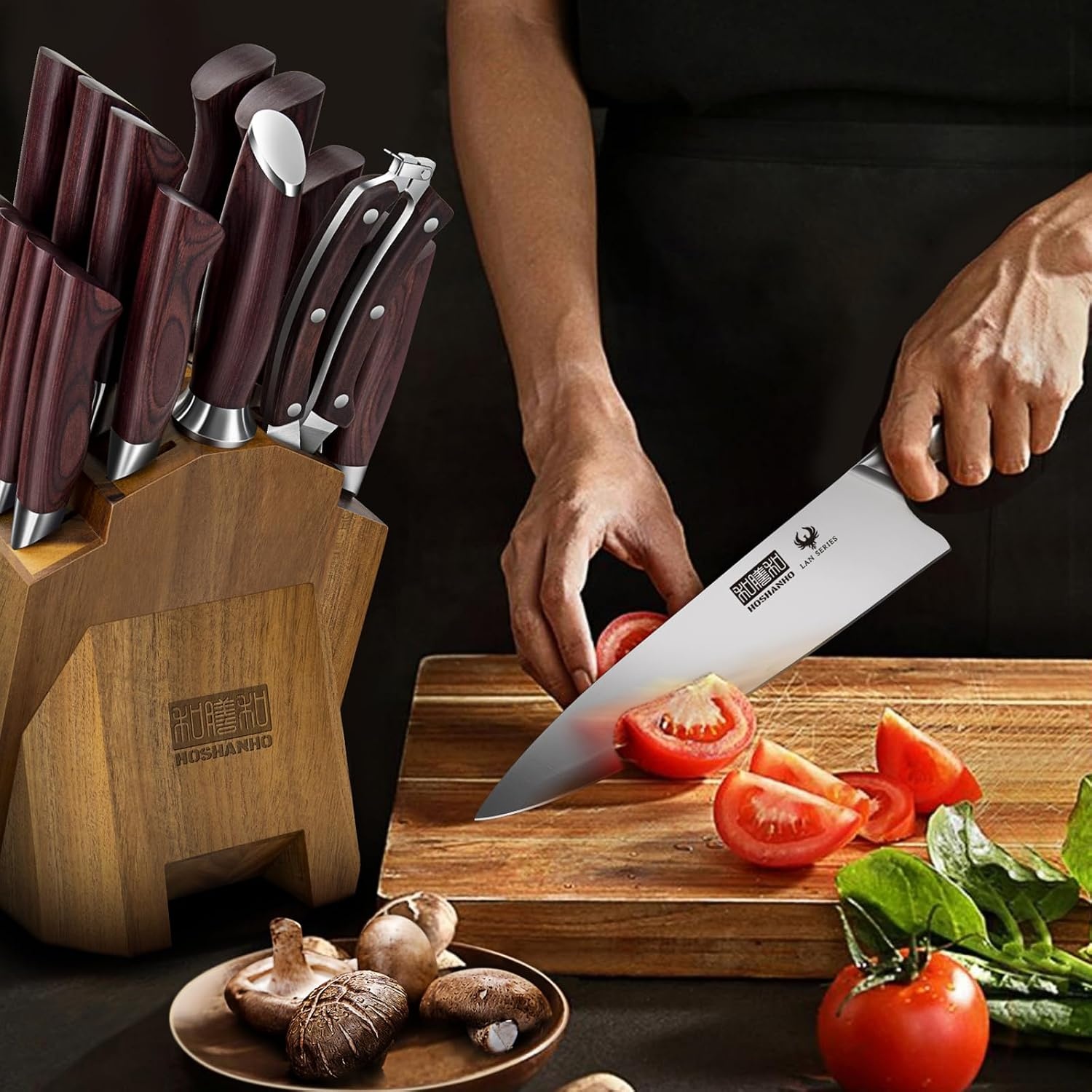 image:imageHOSHANHO 5PCS Japanese Kitchen Knife Set Sharp Chef Knives amp Wood Handle Professional Ultra Sharp HighCarbon Stainless Steel Cooking Knife Set with Ergonomic Wood Handle Elegant Box for Home Gift18 Pieces Knife Set
