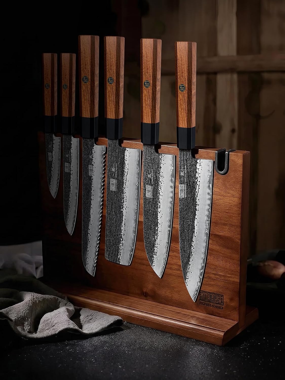 image:imageHOSHANHO 7 Pcs Knife Set with Magnetic Knife Block Ultra Sharp Knife Set Hand Forged 9 Layers 10CR15MOV High Carbon Steel Kitchen Knife Set Japanese Chef Knife Set with Ergonomic Rosewood Handle7 Pieces Knife Set