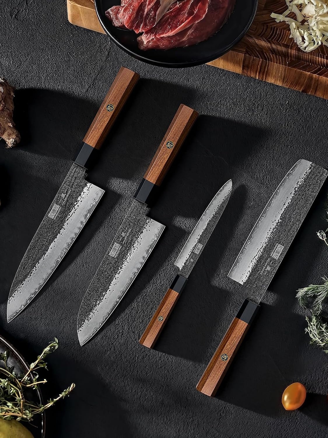 image:imageHOSHANHO 7 Pcs Knife Set with Magnetic Knife Block Ultra Sharp Knife Set Hand Forged 9 Layers 10CR15MOV High Carbon Steel Kitchen Knife Set Japanese Chef Knife Set with Ergonomic Rosewood Handle7 Pieces Knife Set