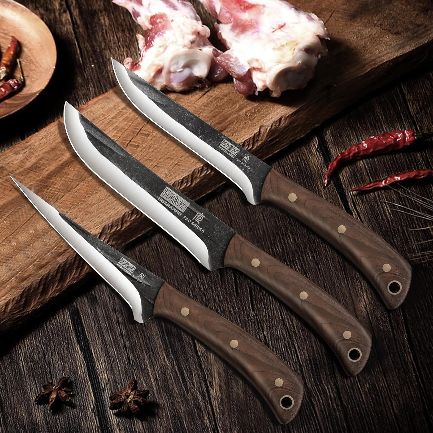 image:imageHOSHANHO Butcher Knife Set 3PCS Sharp Fillet amp Utility amp Paring Knife Set Hand Forged Kitchen Knife Set Upgraded High Carbon Stainless Steel Meat Cutting for Home Outdoor Gift for Men67
