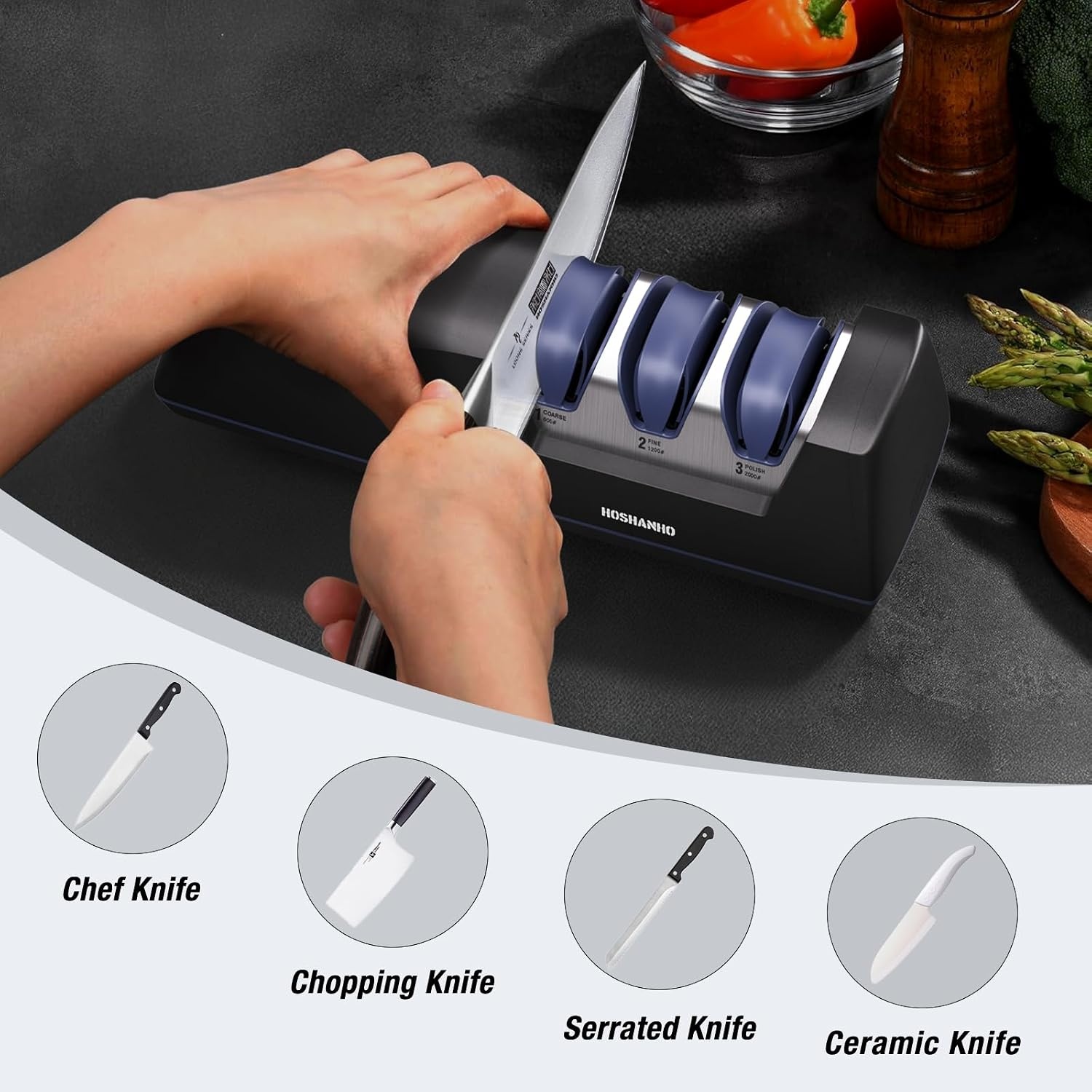 image:imageHOSHANHO Electric Knife Sharpener 3Stage Knife Sharpener for All Knives Professional Diamond Knife Sharpener Electric Replaceable Grinding Wheels amp 20 Precision Guide 40s Fast Sharpening Polish